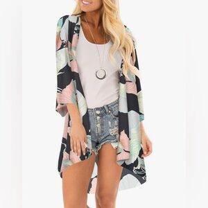 Women's 3/4 Sleeve Floral Kimono Cardigan Sheer Loose Fit Shawl Chiffon Cover-Up